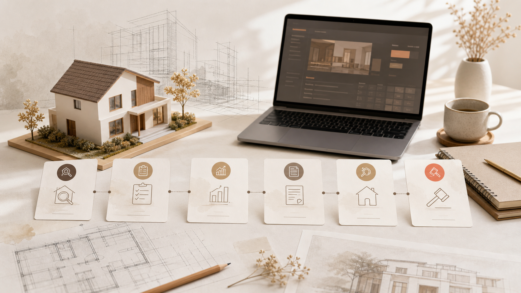 Mesa com modelo de casa, laptop e etapas visuais para explicar como funciona um leilão de imóveis.