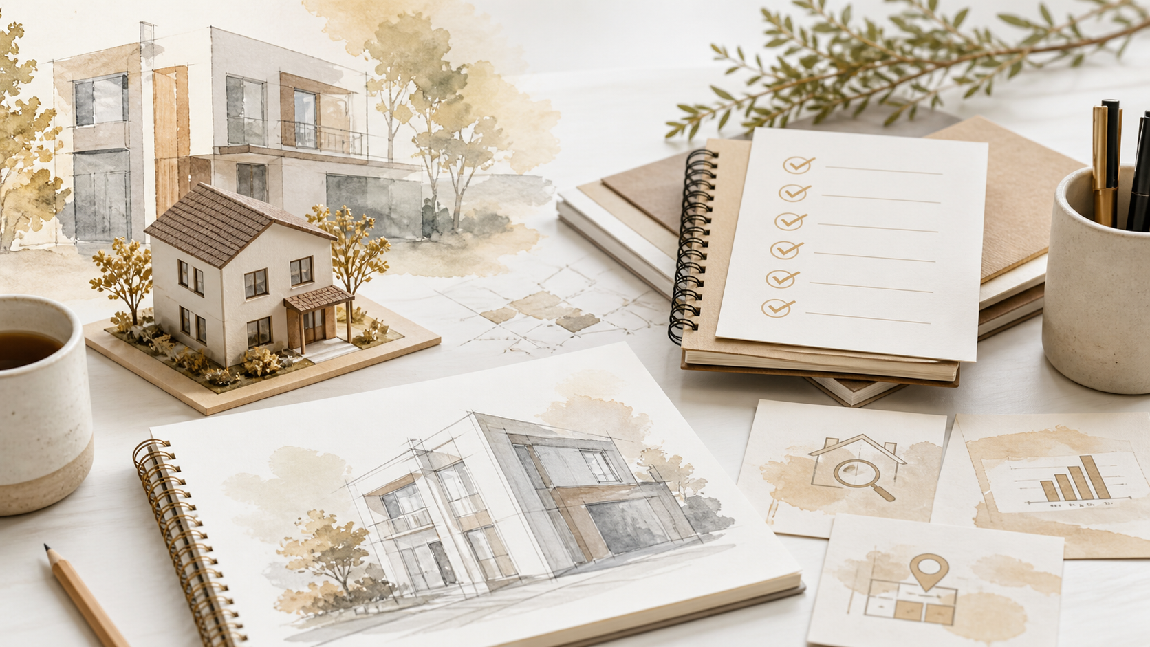 Imagem editorial do blog da Flip Leilões com croquis, checklist e maquete de imóvel.